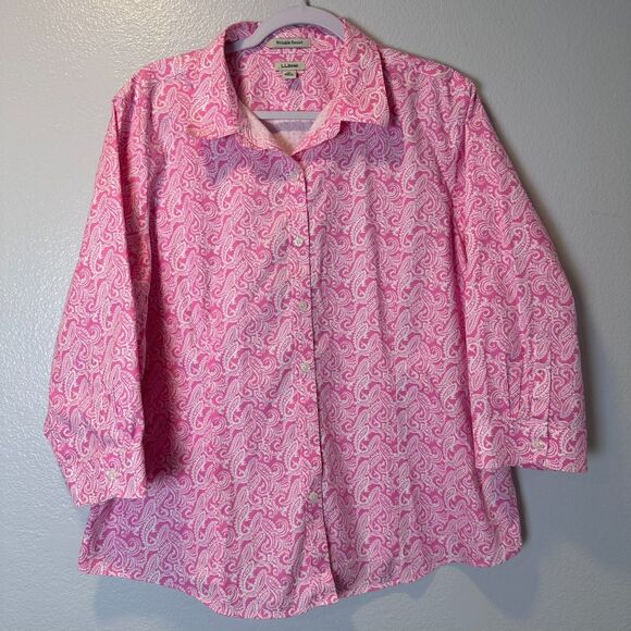 L.L. Bean Shirt XL Button Up Paisley Floral Wrinkle Resistant Pink Casual - Picture 1 of 9